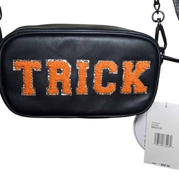 BETSEY JOHNSON DOUBIE SIDED  Black Crossbody Bag with Orange /purple Lettering - Picture 5 of 9